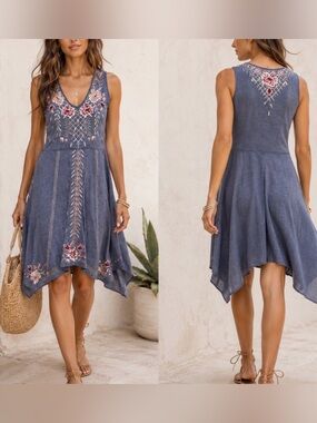 Johnny Was Blue Embroidered Katrina Swing Dress size small